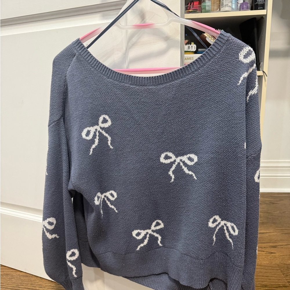 Hollister Blue Off-The-Shoulder Sweater with White Bow Details
